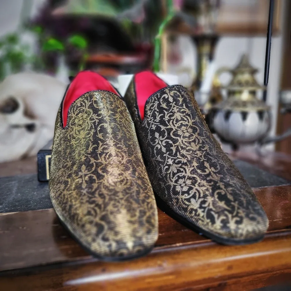 Henry Ferrera Gold Black Brocade‎ Smoking Loafers Slip On Dress Shoes Men's 10.5